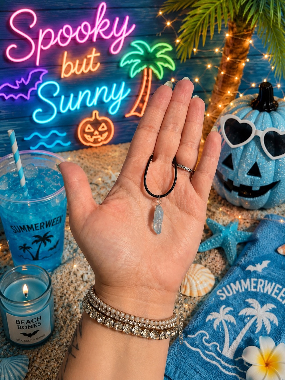 Summerween Crystal Pendant Necklace on Black Cord - Blue Crystal